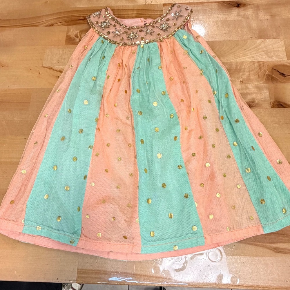Hopscotch Embellished Tulle Dress Kids Peach Mint Gold 18/24 Month